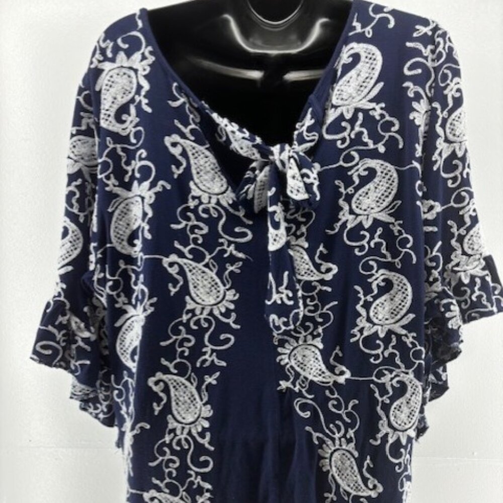 Forgotten Grace 1X Navy White Paisley Tie Neck 3/4 Sleeve Blouse Peasant Flowy